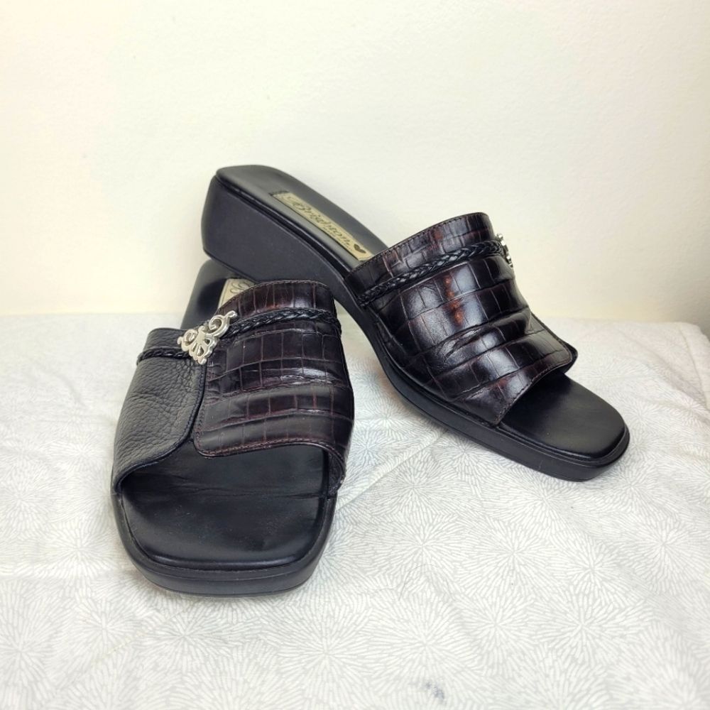 Brighton two toned black brown leather croc embossed slides office classic Y2K 7